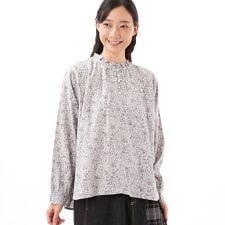 綿/レーヨン布帛ツイル花柄pt.フリルネックギャザー入り半開ブラウス