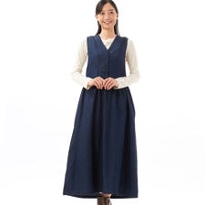 4.5OZデニム・先染ツイル Vあきロング丈ノースリーブワンピース