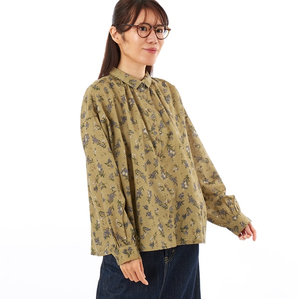 綿麻レーヨン布帛花柄pt. 襟付きネックギャザーブラウス