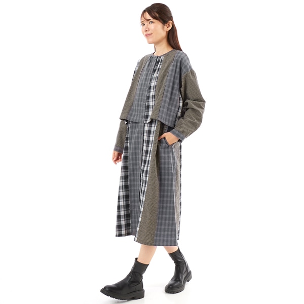 表起毛綿麻柄アソートコンビ パッチワーク仕様 レイヤード前開き