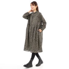 綿麻レーヨン布帛花柄pt. 襟付きウエストギャザー前開きワンピース