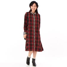 綿麻フランネルチェック柄アソート 襟・前立て配色 シャツワンピース