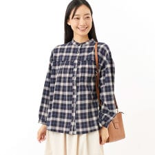 綿麻レーヨンチェック柄ブラウス