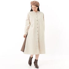 綿麻ドビーストライプ＋別布綿麻無地　レイヤードシャツワンピース