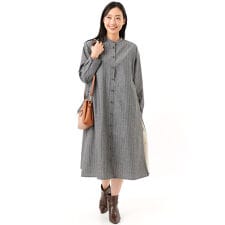 綿麻ドビーストライプ＋別布綿麻無地　レイヤードシャツワンピース