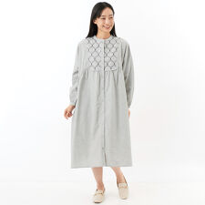 綿麻布帛＋前ヨーク単色刺しゅう入り前開きワンピース