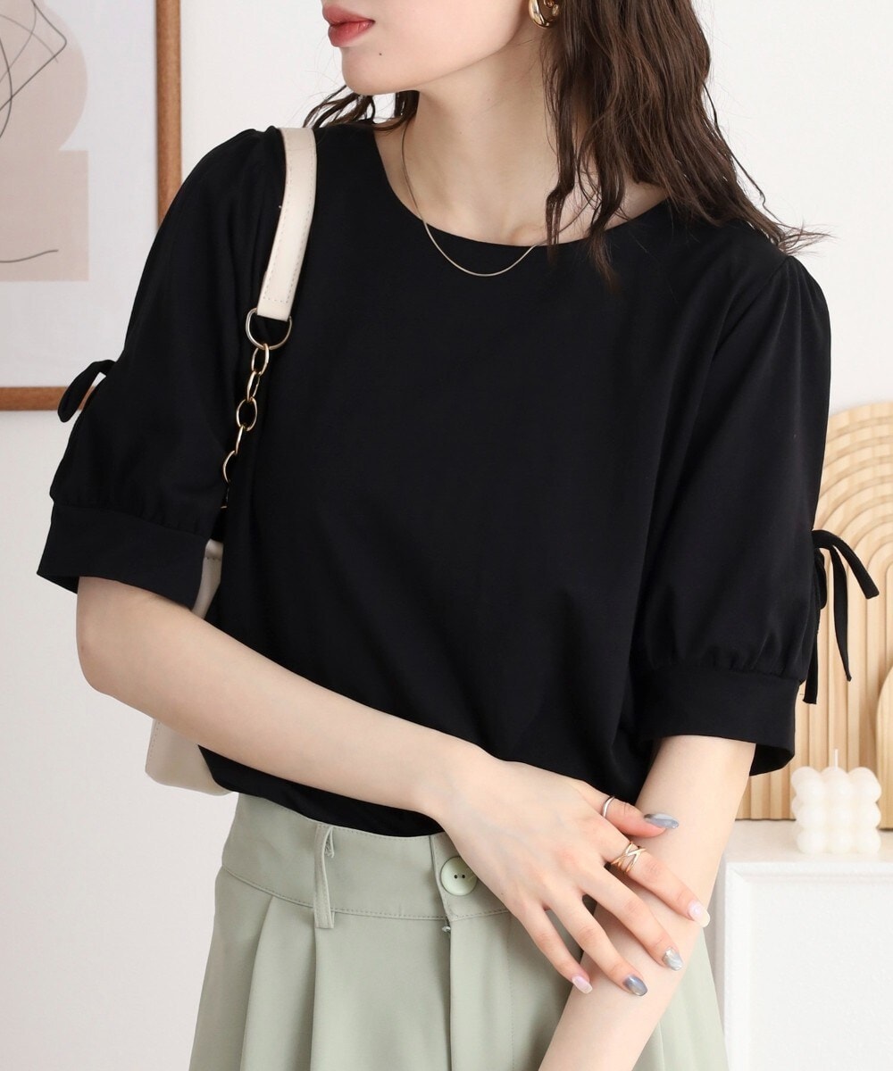 リボン付き袖ブラウス風カットソー