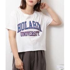 ショート丈裾フリンジオーバサイズシルエットロゴプリントTシャツ
