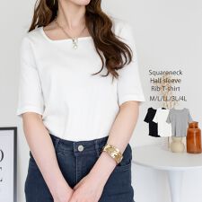 スクエアネック5分袖コットンリブTシャツ