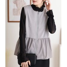 ダンボールニット×布帛切替パール付きZIPベスト