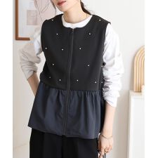 ダンボールニット×布帛切替パール付きZIPベスト