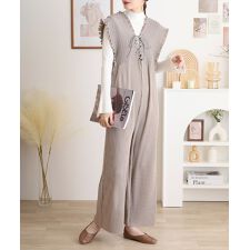 胸元レースアップギャザーオールインワン