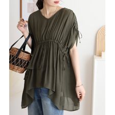 スラブドロストギャザーデザインブラウス