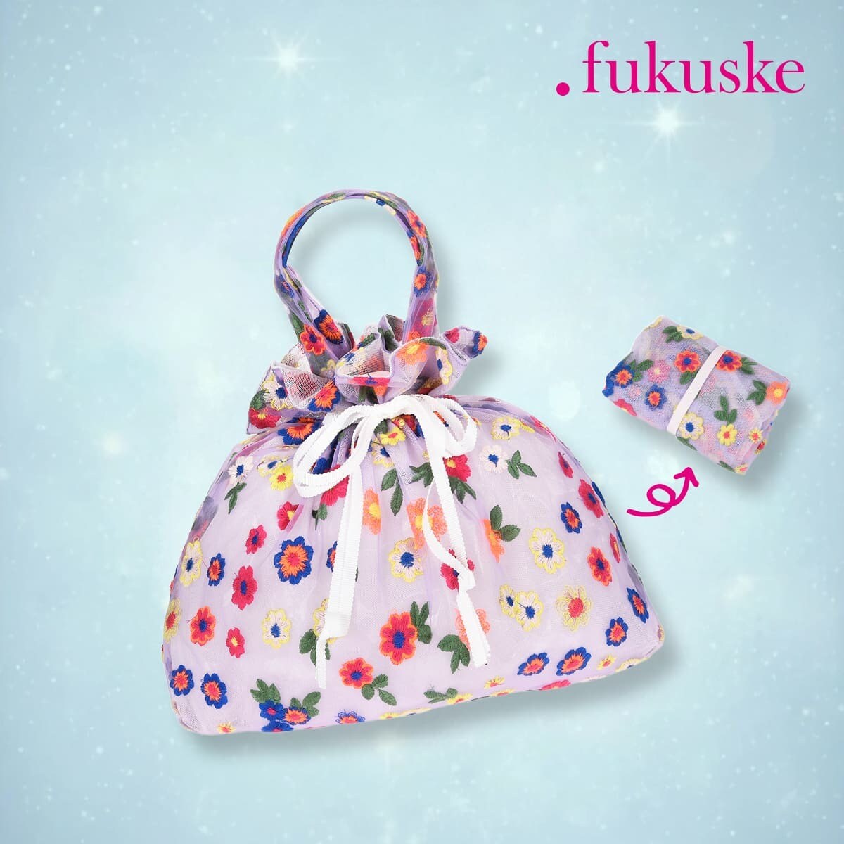 fukuske】 バッグ カラフルフラワー柄 巾着タイプ チュール素材