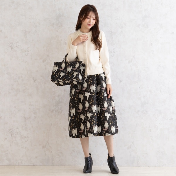 [新品タグ付] Jolly Poupe キャットジャカードフレアスカート　黒 キャットジャカードフレアスカート | ジョリープッペ(Jolly