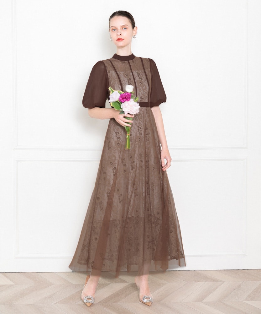 LEJA】パフスリーブウエストリボン総レースロングドレス