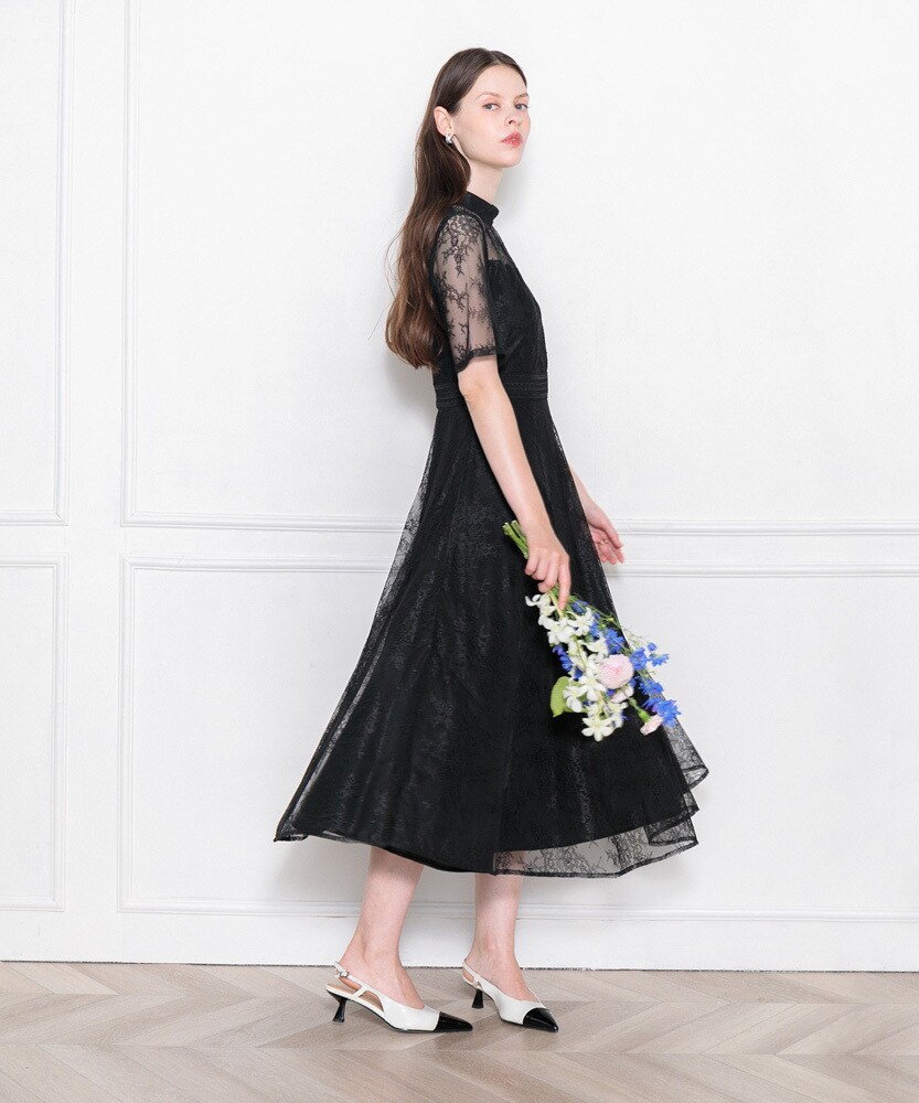 LEJA】ハイネック花柄レースウエストマーク透けロングドレス