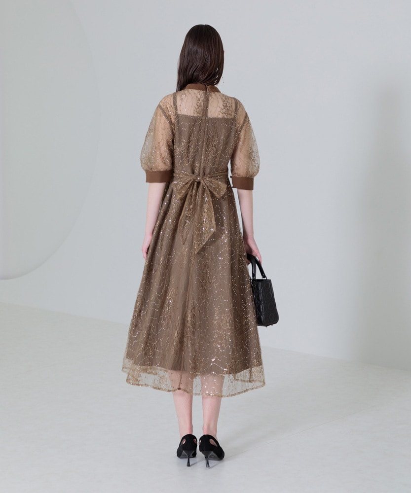 LEJA】配色パイピングレーススパンコール刺繍パフスリーブフレ