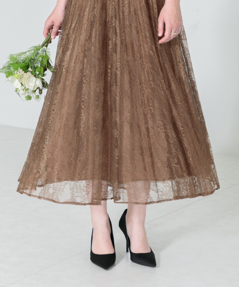 LEJA】異素材レースデコルテシアー袖リボンフロントボタンドレス