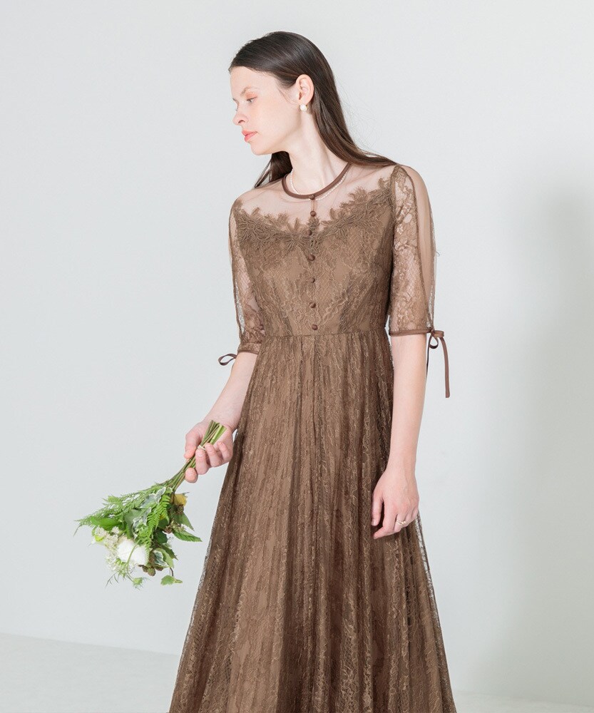 LEJA】異素材レースデコルテシアー袖リボンフロントボタンドレス