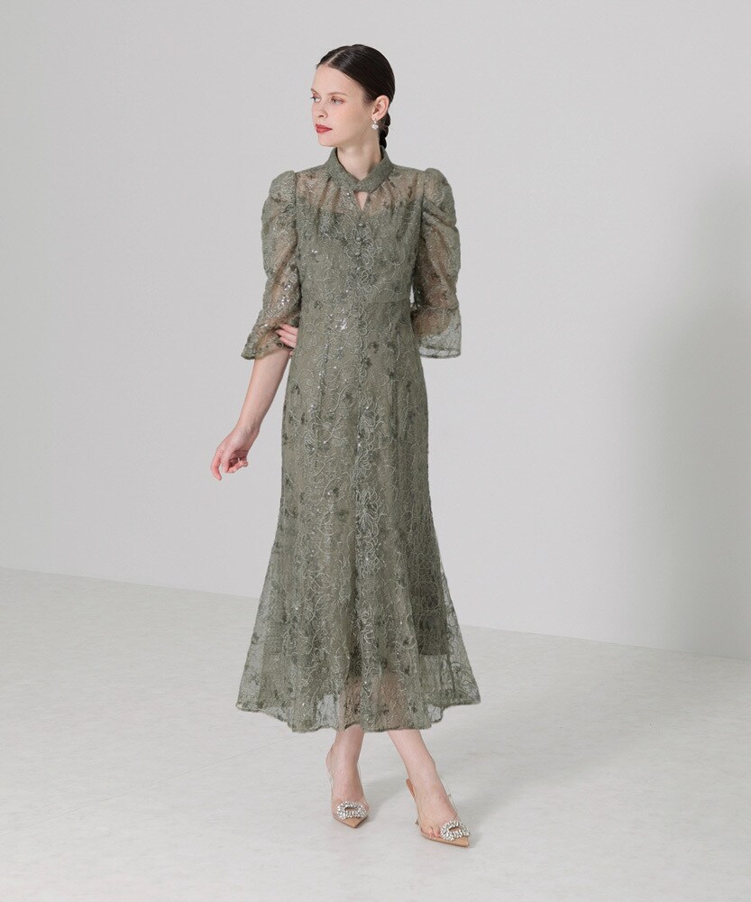 LEJA】スパンコール花柄刺繍デコルテカットソフトパフスリーブドレス