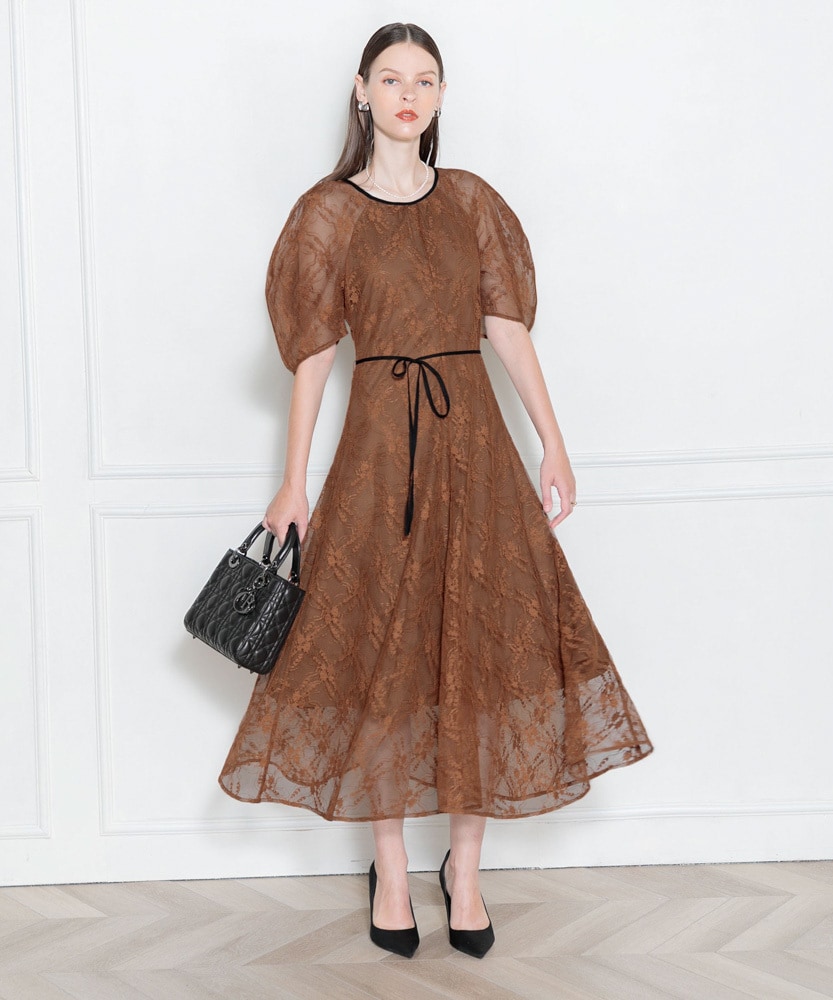 Leja 美脚効果ハイウエストチュールレース切り替えドレスワンピース Mサイズ Leja ドレス 「LEJA」美脚効果ハイウエストチュールレース