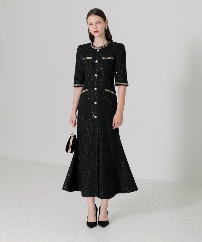 LEJA】ラメ混ツイードパール釦スパンコール刺繍ドレス | レジャ(Leja