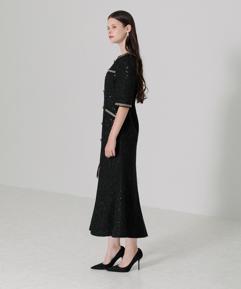 LEJA】ラメ混ツイードパール釦スパンコール刺繍ドレス | レジャ(Leja