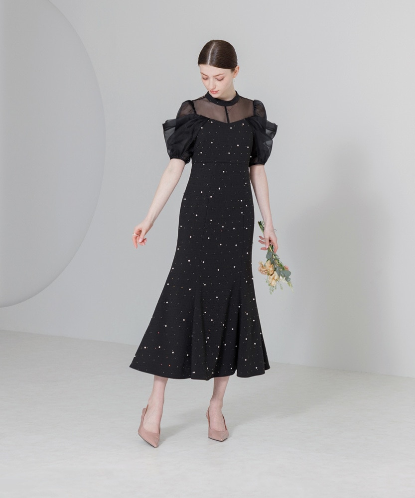 LEJA-花柄刺繍レースチュールパフスリーブウエストマークプチ LEJA-花柄刺繍レースチュールパフスリーブウエストマークプチ