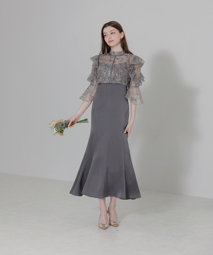 【LEJA】2wayレース花柄オフショルダースパンコールマーメイド　グレー　M Leja レジャ 2WAYレース花柄オフショルダースパンコールマーメイド