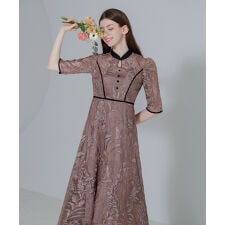 LEJA-花柄刺繍レースチュールパフスリーブウエストマークプチハイネックAラインワンピースロングドレ