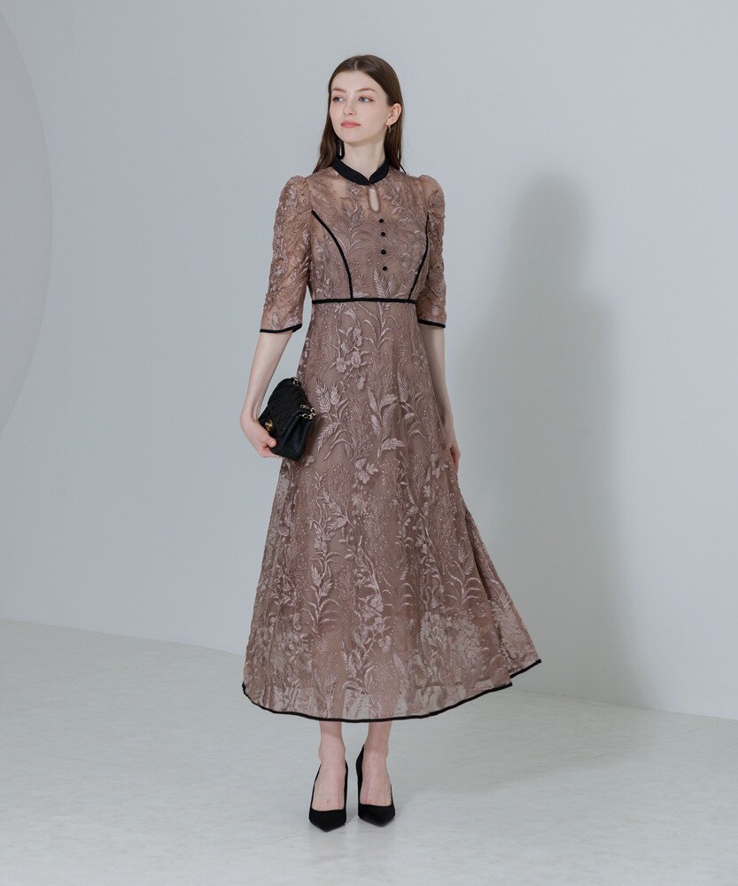 Leja/ラメ花柄刺繍レース加工チュールヘムワンピースドレス　S セール】【LEJA】ラメ花柄刺繍ポイントレース加工チュールヘム