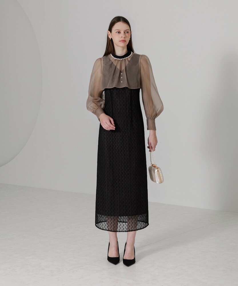 【新品】 LEJAパールネックパフスリーブボレロ格子レースワンピースドレス Leja（レジャ）の「【LEJA】パールネックパフスリーブボレロ格子レース