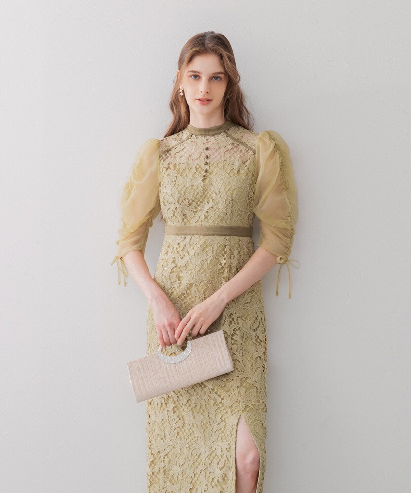 LEJA 2WAYオフショルダーパフスリーブスリットIラインワンピース