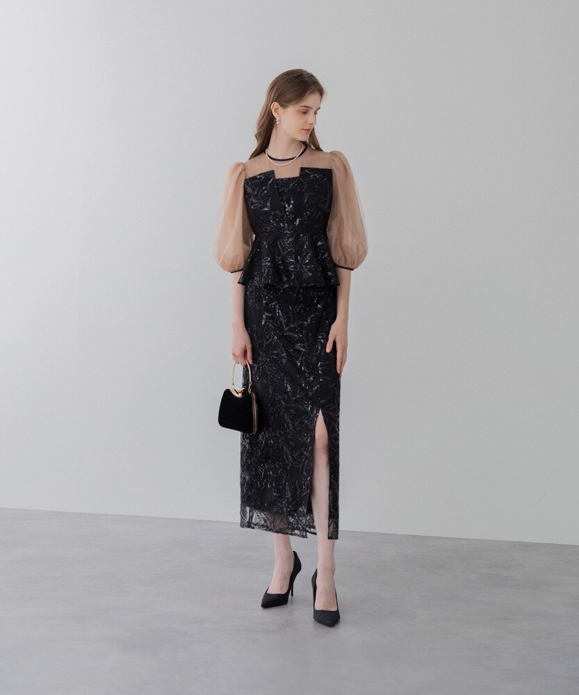 シアーパフスリーブペプラムスパンコール花柄Iラインドレス