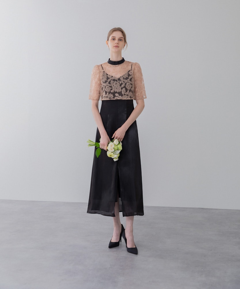 スパンコール花柄刺繍フロントスリットAラインドレス | レジャ