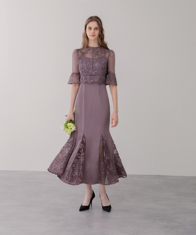 LEJA♡花柄刺繍スパンコールボレロドッキングサテンマーメイドドレス♡パープル 花柄刺繍スパンコールボレロドッキングサテンマーメイドドレス