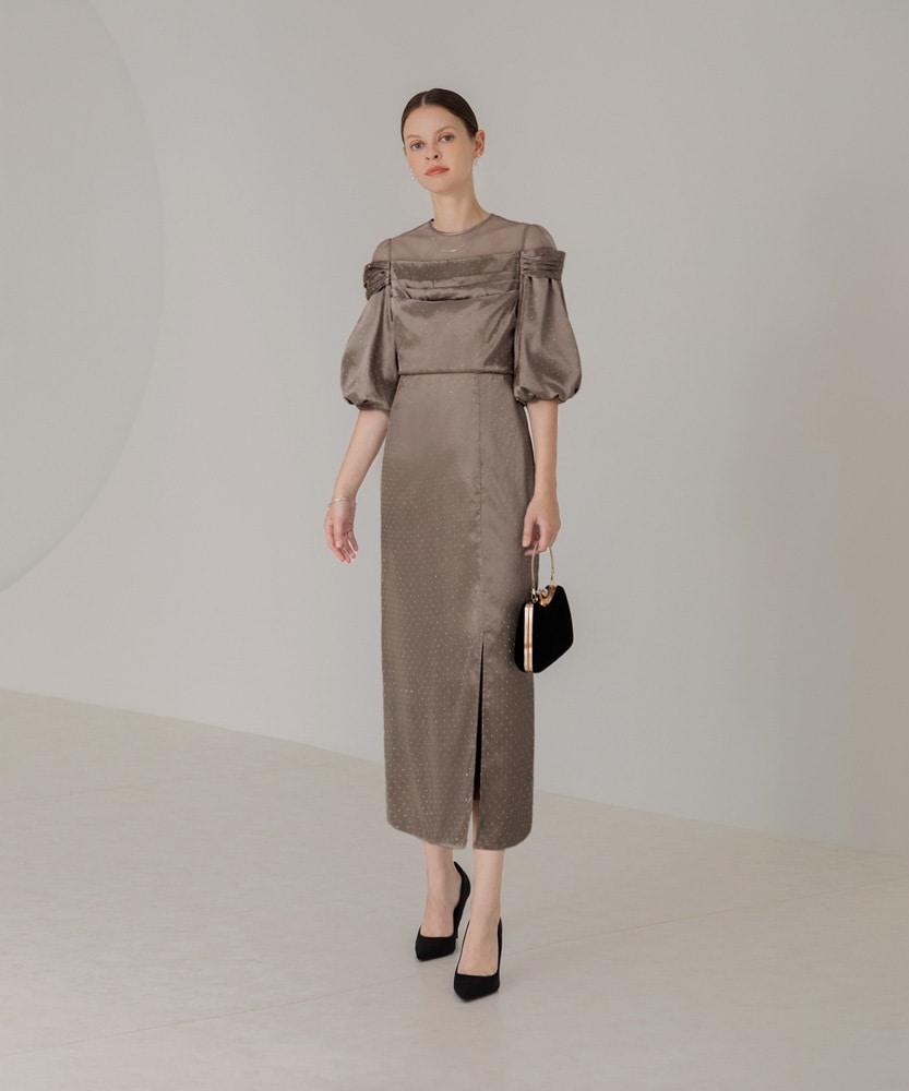 【新品未使用】Leja スパンコール花柄刺繍フロントスリットAラインドレス Leja ドレス 「LEJA」スパンコール花柄刺繍フロントスリットA