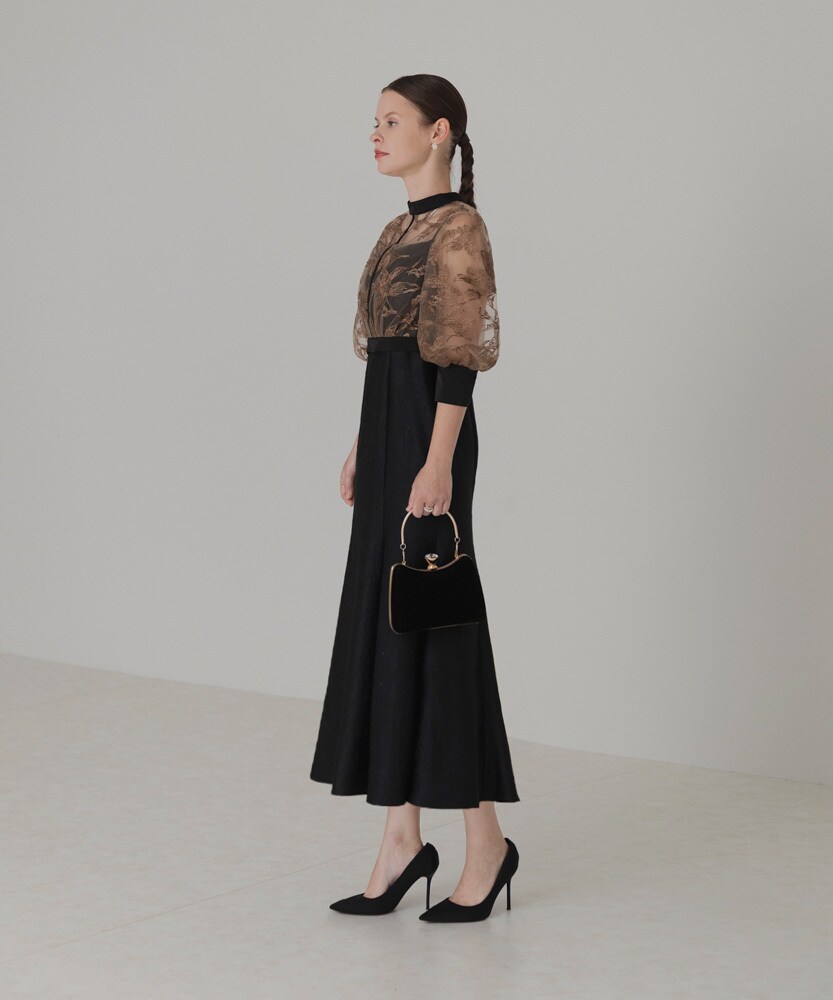 花柄刺繍パフスリーブボレロバックリボンマーメイドドレス