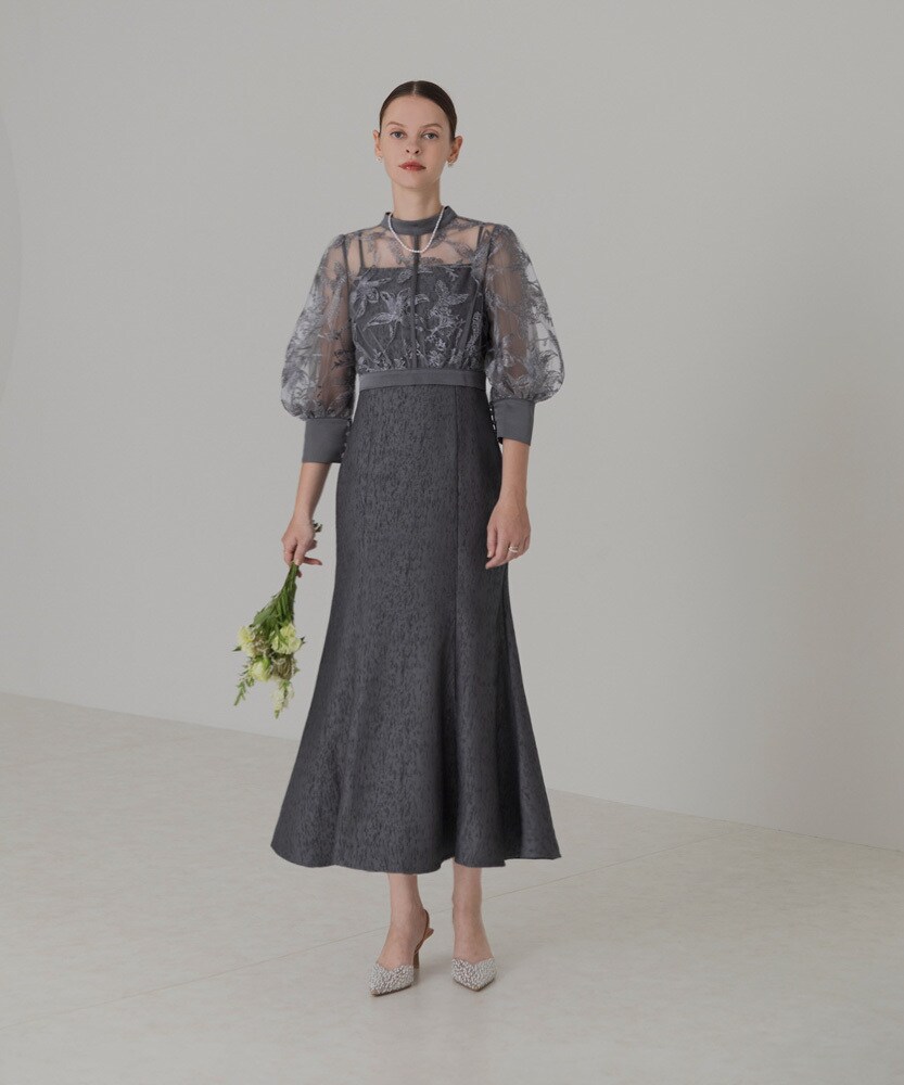 LEJA リボンパフスリーブボレロ花柄マーメイドドレス グレー　M 花柄刺繍パフスリーブボレロバックリボンマーメイドドレス | レジャ