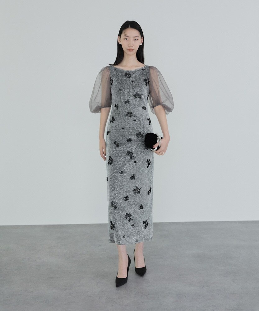 LEJA シアーパフスリーブグリッターIラインドレス S Leja ドレス 「LEJA」シアーパフスリーブグリッターIライン