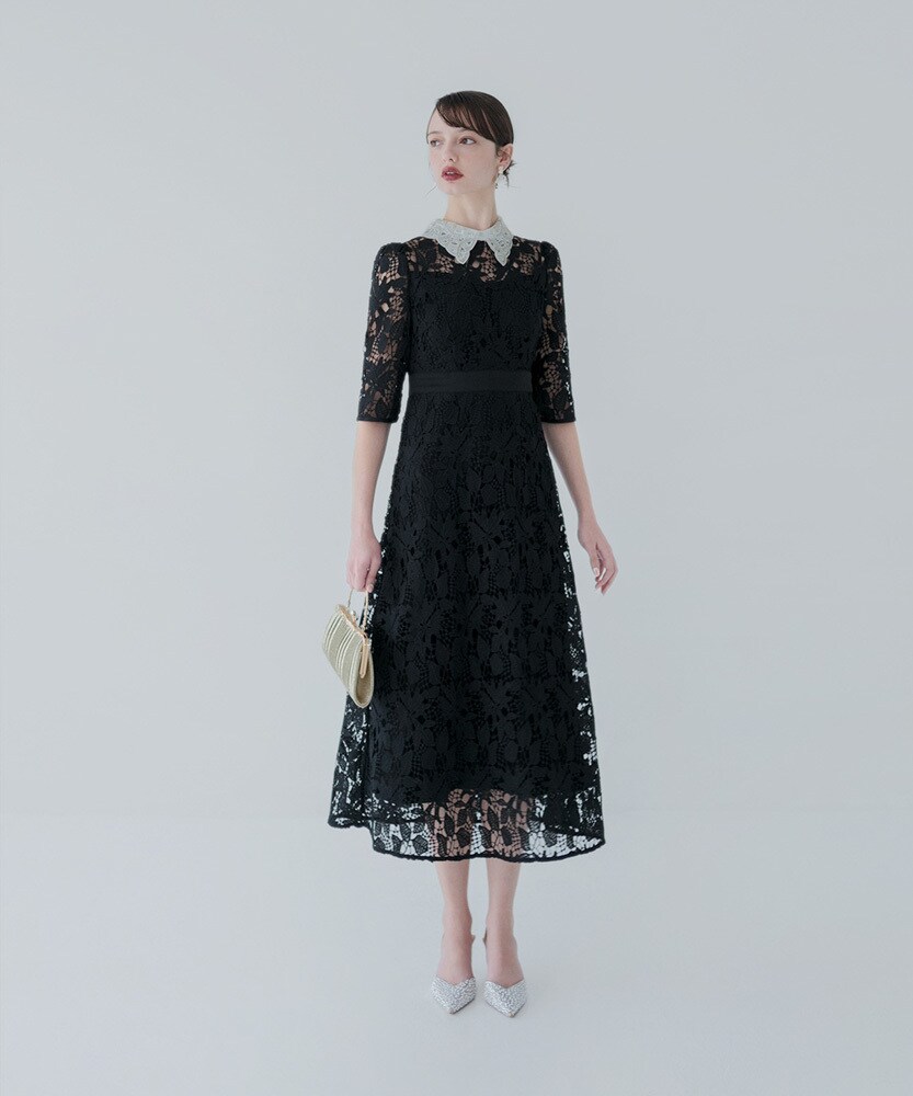 LEJA-配色パイピングプチハイネック花柄刺繍ラメレースロング丈ドレス　L セール】【LEJA】配色パイピングプチハイネック花柄刺繍