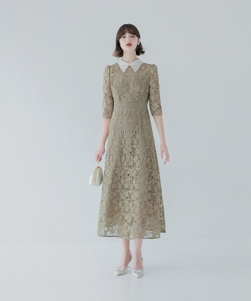 leja 花柄刺繍レースチュールパフスリーブウエストマークワンピース Leja ドレス 「LEJA」花柄刺繍レースチュールパフスリーブ