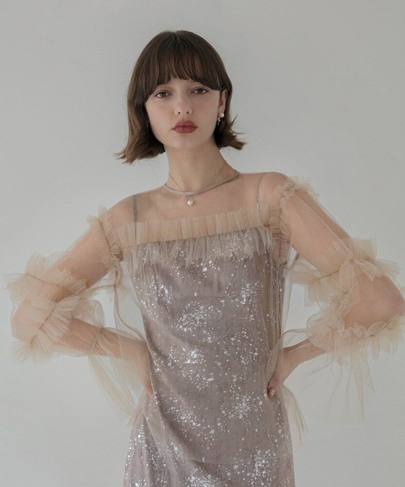 パールパフスリーブレーススパンコール刺繍マーメイドドレス