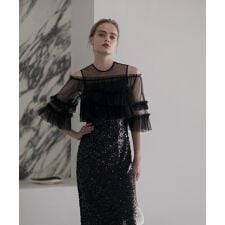 チュールフリルオフショルダースパンコールIラインドレス