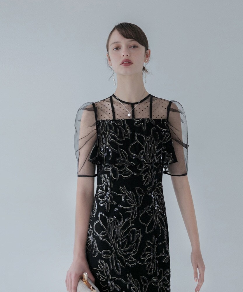 LEJA-パールビジューオーガンジーレースパフスリーブプチハイネック