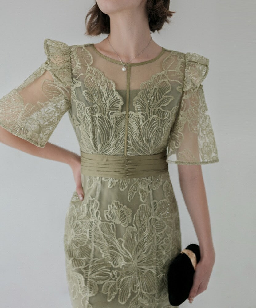 パールパフスリーブレーススパンコール刺繍マーメイドドレス | レジャ