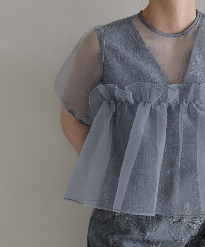 ボリュームシアーフリルジャガードIラインワンピースドレス | レジャ