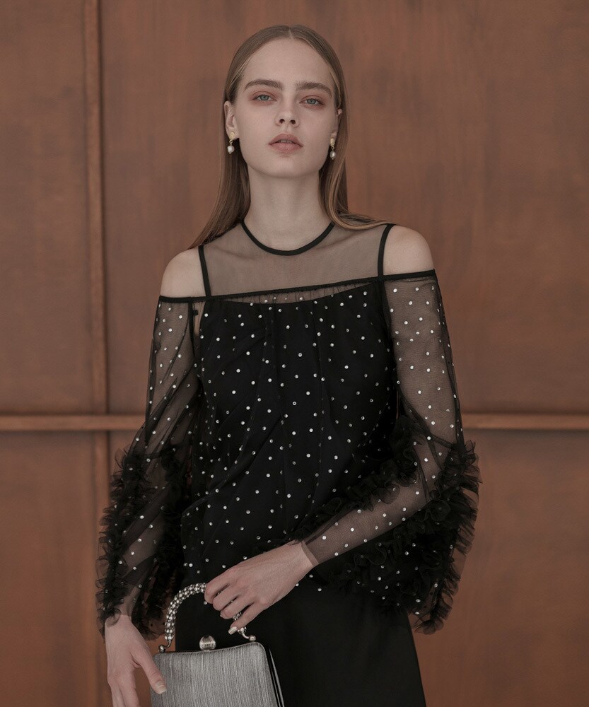 LEJA-フリルオフショルダースパンコールウェストマークスリットIライン