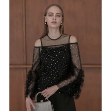 ドットストーンオフショルIラインワンピースドレス